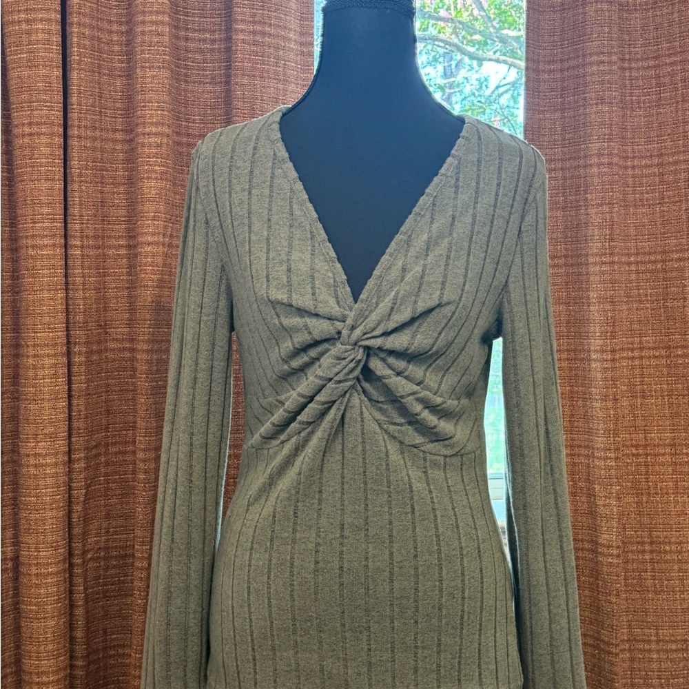 Olive Green Ribbed Twist Front Top